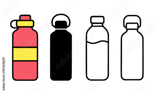 Water bottle vector illustration set, in outline, silhouette and colored design