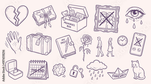 A collection of hand-drawn icons representing themes of heartbreak, loss, and moving on, including a broken heart, a packed suitcase, a memories box, and a farewell boat.