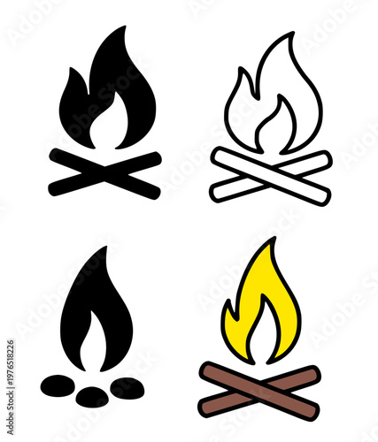 Campfire vector illustration set, in outline, silhouette and colored design