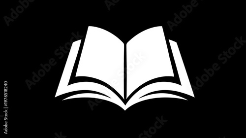White open book icon on a black background, symbolizing education, reading, learning, wisdom, and knowledge. Graphic design element.