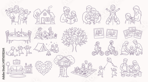 A charming collection of line art illustrations depicting various heartwarming family activities and moments, including gatherings, outdoor adventures, and cozy home scenes.