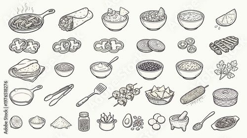 A detailed hand-drawn illustration featuring a wide assortment of Mexican food items, ingredients, and cooking utensils, presented in a grid layout.