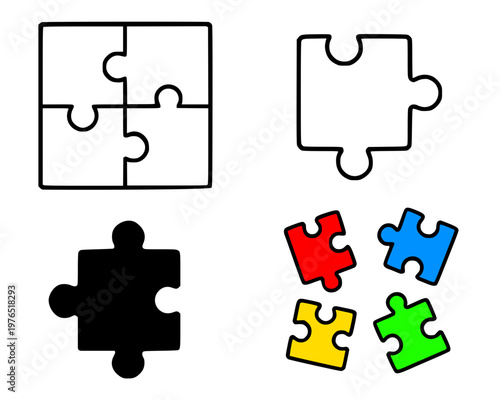 Puzzle vector icon set, in outline, silhouette and colored design