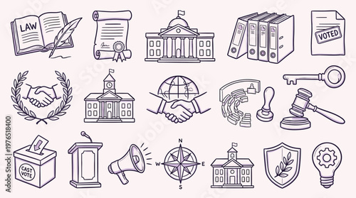 A collection of hand-drawn icons representing law, government, voting, justice, and diplomacy.