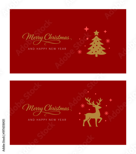 Merry Christmas and happy new year red and gold horizontal banner template with deer and christmas tree