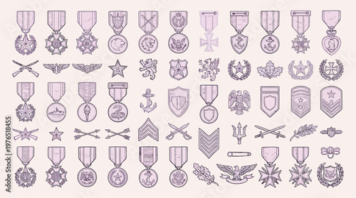 Fotografi A comprehensive collection of military awards, medals, ribbons, and insignia, meticulously illustrated in a vintage, monochromatic style