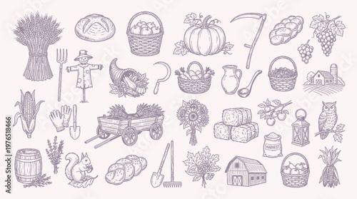 A charming collection of hand-drawn illustrations depicting various elements of a harvest and farm life, including produce, tools, and animals.