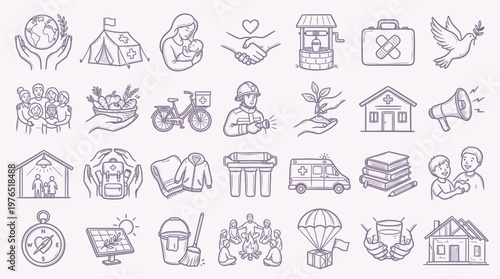 A collection of hand-drawn icons representing humanitarian aid, social welfare, and community support services.