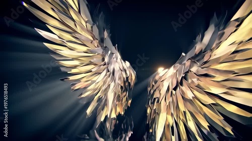 Illuminated symmetrical angel wings against a dark background, radiating light and hope