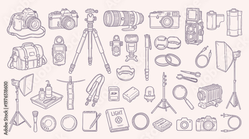 A comprehensive collection of vintage and modern photography equipment, including cameras, lenses, tripods, lighting, and accessories, all rendered in a charming hand-drawn sketch style.