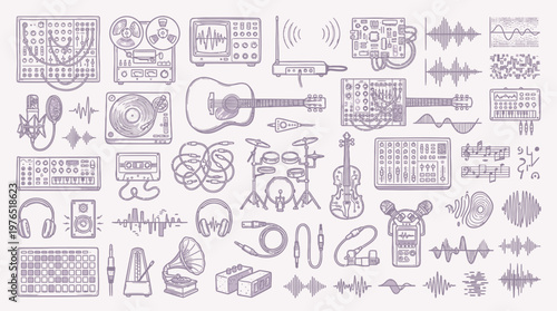 A comprehensive collection of vintage and modern music production equipment and audio visualization elements, rendered in a purple line art style on a light background.