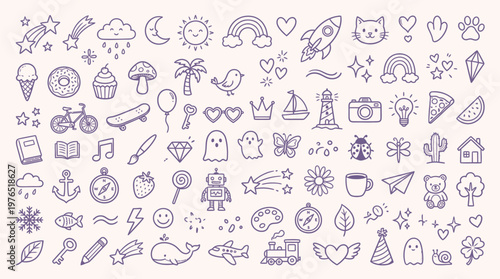 Slika na platnu A large collection of hand-drawn doodle icons featuring a variety of whimsical and cute elements on a light background