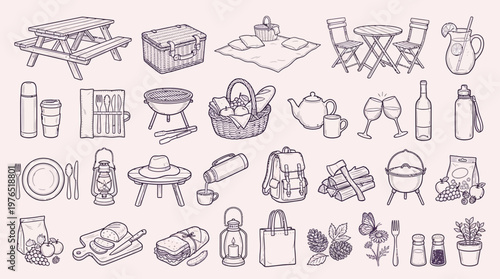 A charming collection of hand-drawn illustrations depicting various items and accessories commonly associated with picnics and outdoor gatherings.