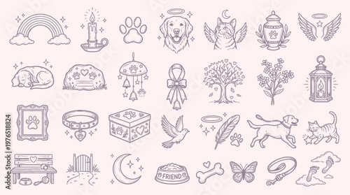 A collection of delicate line art illustrations depicting symbols of pet remembrance and grief, including rainbows, candles, paw prints, and angelic motifs.