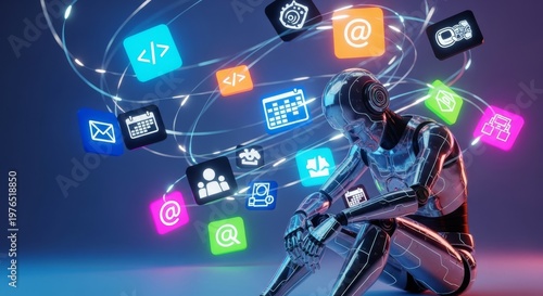 A sleek chrome robot sits overwhelmed by a vortex of glowing digital icons signifying incomplete projects and various pending work duties, metallic, concept, reality