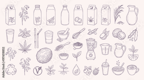 A charming hand-drawn illustration featuring a variety of vegan milk alternatives, ingredients, and related symbols, presented in a whimsical, sketch-like style.