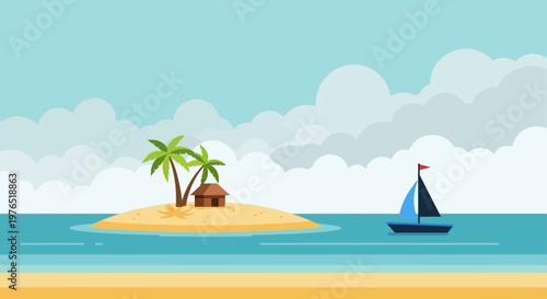 Tranquil tropical island with palm hut sunny beach and sailing boat on calm blue sea.