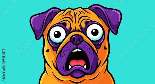 Colorful Cartoon Bulldog Portrait with Expressive Face on Bright Turquoise Background.