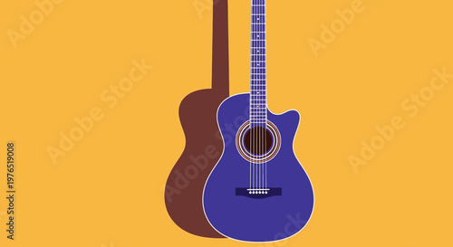 Blue Acoustic Guitar with Purple Body on a Bright Yellow Background.