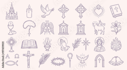 A comprehensive collection of Christian religious symbols and icons, presented in a clean, line-art style on a pastel background.