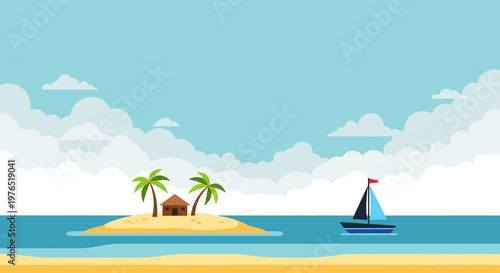 Sunny Beach Scene with Palm Islands and a Sailboat on Calm Ocean Waters.
