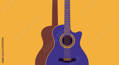 Vibrant acoustic guitar portrait with warm orange background highlighting strings, neck and melody.