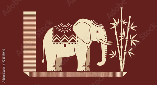 Decorative elephant motif in a traditional bamboo scene with stylized frame and intricate patterns.