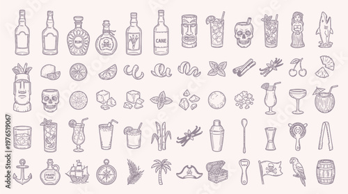 A comprehensive collection of hand-drawn illustrations featuring tropical cocktails, barware, and pirate-themed elements, perfect for design projects.
