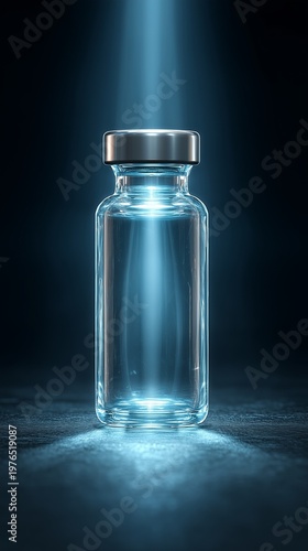 A glass bottle with a clear liquid, illuminated by a cold blue light in a dark studio. The concept of pharmaceuticals, medicine and biotechnological developments.