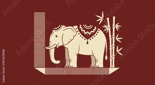 Ornate stylized elephant illustration inside decorative window frame.