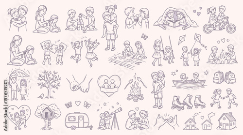 A charming collection of hand-drawn line art illustrations depicting various heartwarming scenes of family, friendship, and childhood activities.