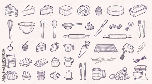 A comprehensive collection of hand-drawn illustrations depicting various baking ingredients, tools, and finished desserts, presented in a clean, line-art style on a textured background.
