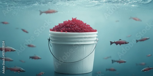 A white plastic bucket filled with red caviar, underwater surrounded by floating fish. The concept of aquaculture and production of fish delicacies.