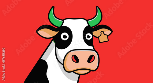 Playful cartoon cow portrait with bold red background and friendly expression.