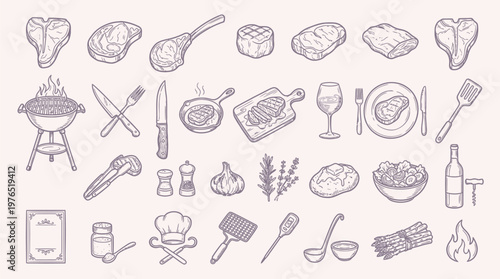 A detailed collection of hand-drawn illustrations depicting various cuts of meat, grilling equipment, cooking utensils, and accompanying food items, presented in a vintage sketch style.