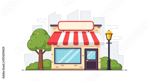 Colorful small storefront with striped awning in a lively urban street scene.