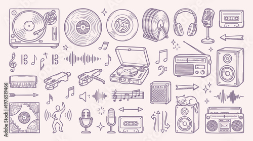 A detailed illustration of various vintage and modern audio equipment, including turntables, records, headphones, microphones, and boomboxes, presented in a charming hand-drawn style.