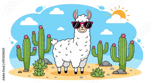 Playful Llama Standing Amid Desert Cacti Under Sunny Sky.