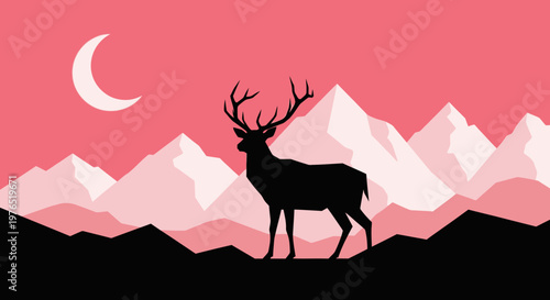 Silhouette of a stag by pink alpine mountains at dusk and moonlit sky.