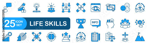 Life skills icon set Collection related to personal, development, human, strategy, self, career, empathy, ability . Editable line icons.�