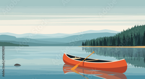 Calm lake scene with a red canoe on still water beneath distant mountains and forest.