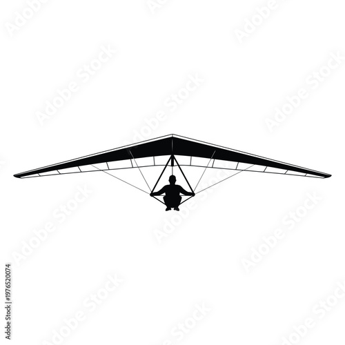 Silhouette of a hang glider and pilot against a white background