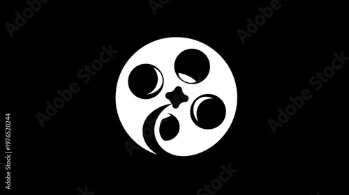 Modern White Film Reel and Star Icon on Black Background. Conceptual graphic for cinema, movie production, video editing, entertainment industry.