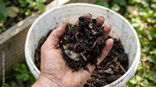 Hand holding soil with earthworms in garden compost bucket