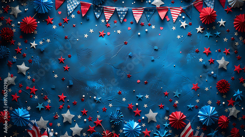 Deep blue presentation slide background with glowing stars for patriotic Memorial Day and 4th of July layout.