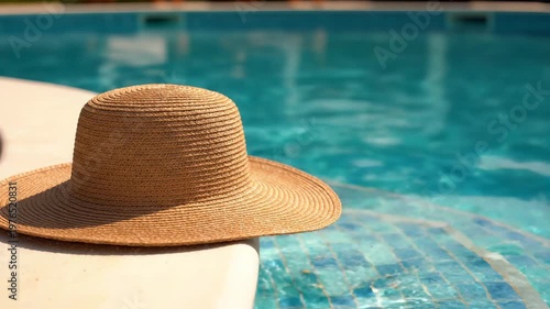 Straw Hat Resting On The Edge Of A Swimming Pool During Summer