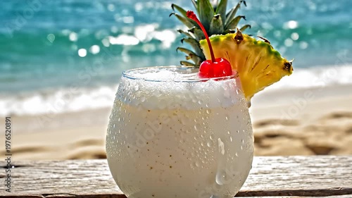 Tropical pineapple coconut cocktail on wooden table by ocean beach