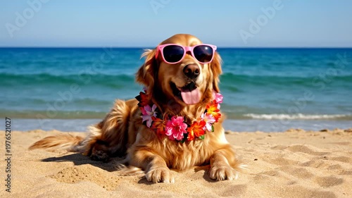 Golden Retriever dog wearing pink sunglasses and flower lei relaxing on tropical sandy beach