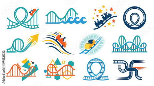 Collection of stylized roller coaster icons and illustrations depicting various thrilling rides and amusement park attractions.