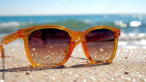 Amber sunglasses resting on sandy beach with ocean waves in background